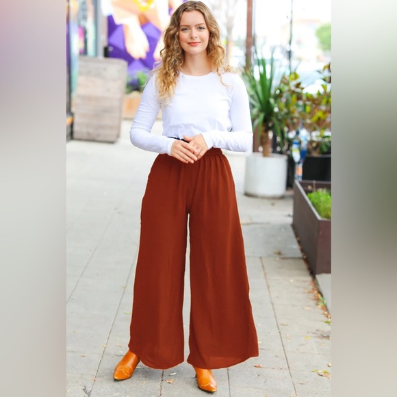 Relaxed Fun Rust Smocked Waist Palazzo Pants - Picture 1 of 3